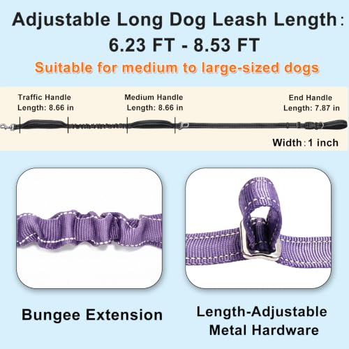 Triple Handle Bungee No Pull Dog Leash, Lavender 6.23-8.53FT - color: Lavender