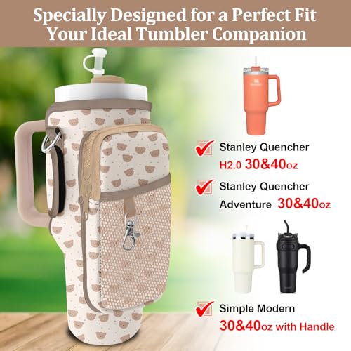 Stanley Carrier Bag for Stanley 40oz/30ozTumbler with Phone with 2 Adjustable Strap,3 Pockets Bottle Stanley Cup Carrier Bag & Case,Accessories for Hiking Travelling - color: Cut Bear