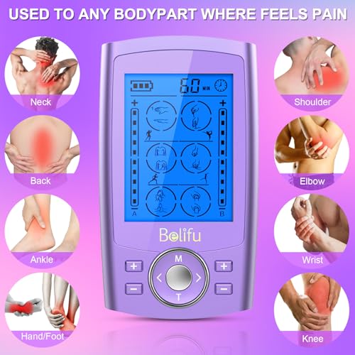 Belfiu TENS & PMS 24 Modes Muscle Stimulator for Pain Relief Therapy, Electronic Pulse Massager Muscle Massager with 10 Pads, Dust-Proof Drawstring Storage Bag, Fastening Cable Ties - color: Purple