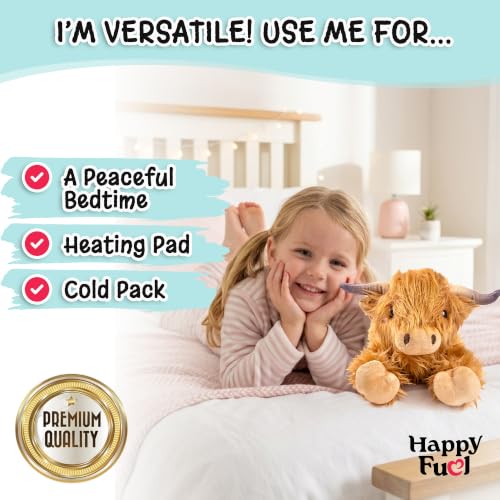Highland Cow Microwavable Stuffed Animal – 1.5 lb Unscented Heating Pad Plush, Soft Cozy Cute Cow Toy for Relaxation and Comfort, Gift for Women, Girls, Adults & Kids by Happy Fuel - color: Brown Highland Cow (Lying Down)