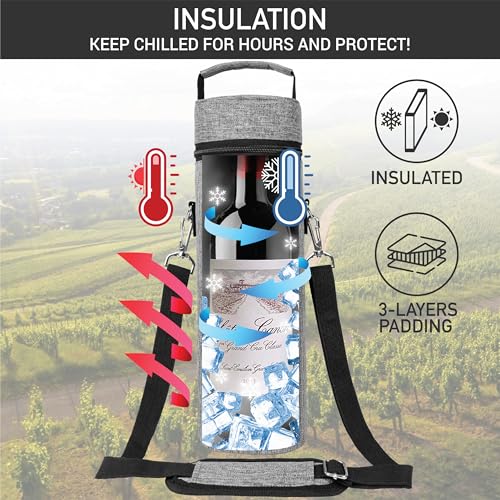 opux Single Bottle Wine Bag Carrier Insulated Cooler Tote with Strap, Grey - color: Heather Gray
