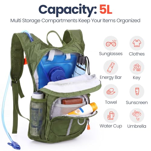 Shinylin Kids Hydration Backpack with 1.5L Water Bladder Hiking Backpack Lightweight for Boys or Girls Children Biking Climbing Running Cycling - color: Olive Green, style: Classic