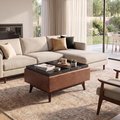 SIMPLIHOME Owen 34" Wide Vegan Leather Tray Top Ottoman in Saddle Brown - color: Distressed Saddle Brown