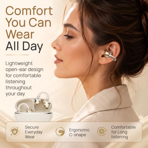 TRNDY Z-13X Open-Ear Clip-On Bluetooth Earbuds for Running, Gym & Walking, Stay Aware of Your Surroundings, Lightweight Secure Fit, IPX6 Waterproof, 80H Playtime Beige
