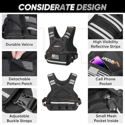 APEXUP Adjustable Weighted Vest, 4-10lb/12-18lb/20-32lb Vest with 6 Ironsand Weights and Large Pocket, Weight Vest for Men Women Strength Training, Running, Walking - color: Black-with Waterproof Layer, size: 12-18lbs