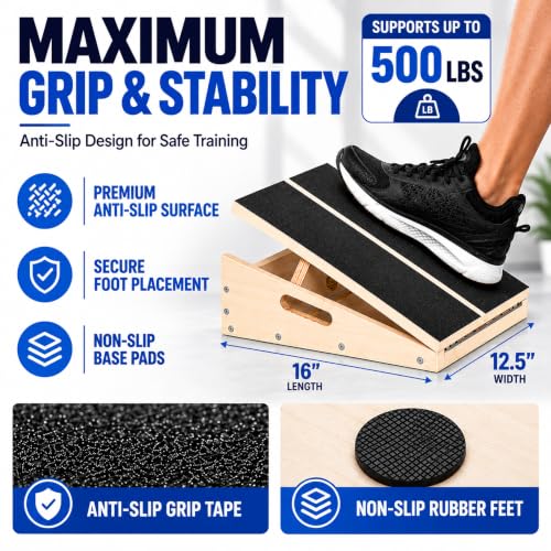 Wooden Slant Board for Exercise, Calf Stretch Board, 500 lb Capacity - size: Slant Board with Kit (16”L × 12.5”W)