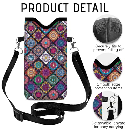 GLOBLELAND Pattern Cell Phone Sleeve Pouch Case Bag with Crossbody Strap Neck Lanyard for Women Men - color: Bohemian Tiles