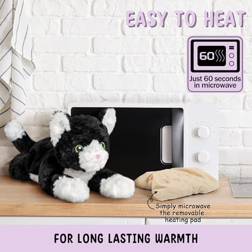 Tuxedo Cat Microwavable Stuffed Animal – 1.5 lb Unscented Heating Pad Plush, Soft Cozy Black & White Cat Toy for Relaxation and Comfort, Gift for Women, Girls, Adults & Kids by Happy Fuel - color: Tuxedo Cat (Lying Down)