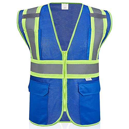 High Visibility Reflective Safety Vest with Zipper and Pockets Blue,L - color: Blue, size: Large