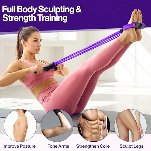 Pedal Resistance Band with Handle, 6 Tube Multifunction Foot Pedal Resistance Band, Arm & Waist Training Tummy Trimmer Ab Workout Equipment for Home Gym Men Women - color: Purple