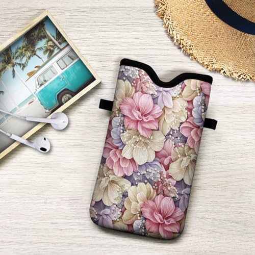 Universal Neoprene Cell Phone Pouch 7.1 X 4 in Mobile Protection Case Bag with Crossbody Strap/Neck Lanyard Luxury Flowers Leaf Printed Pattern - color: Luxury Flowers Leaf Printed Pattern