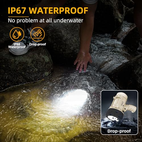 YIERBLUE Rechargeable Spotlight Floodlight Combo 2200,000 High Lumen LED, IP67 Waterproof Spot Light COB Flood Light, Impact Resistant Handheld Spotlight with Foldable Stand and Detachable Red Lens - color: Pearl Ultra