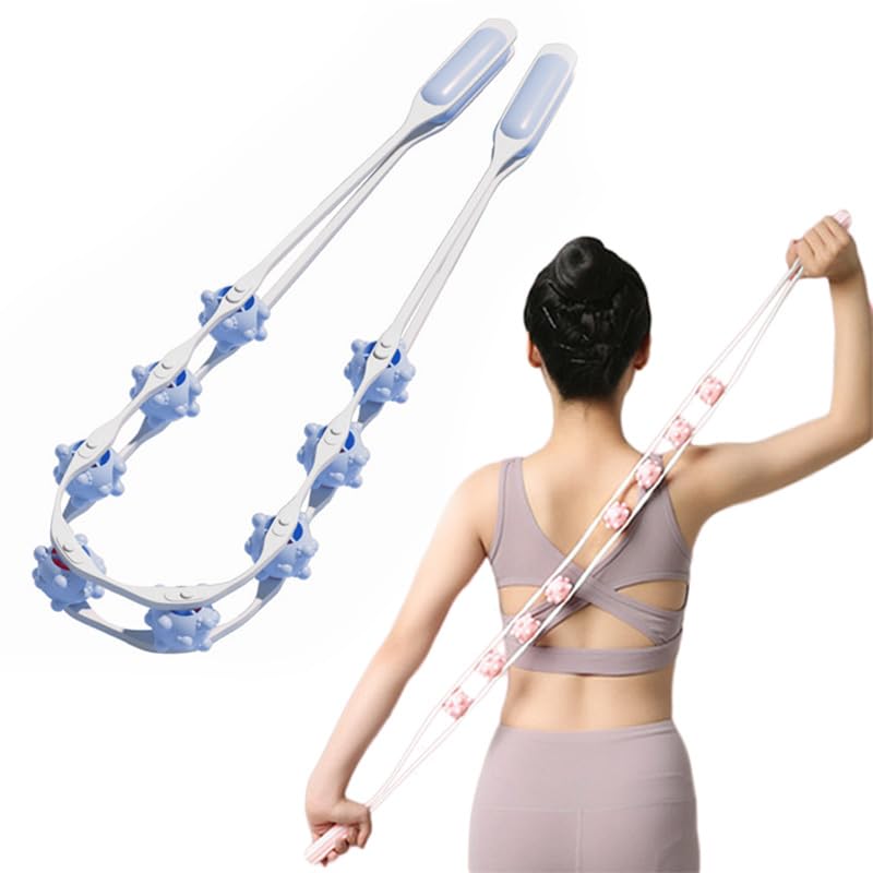 Back Massage Roller Rope, Manual Balll Pull Back Strap with 8 Rollers, Handheld Cellulite Self Massage Tool for Body Shaping, Leg Muscle Relief (Blue) - color: Blue