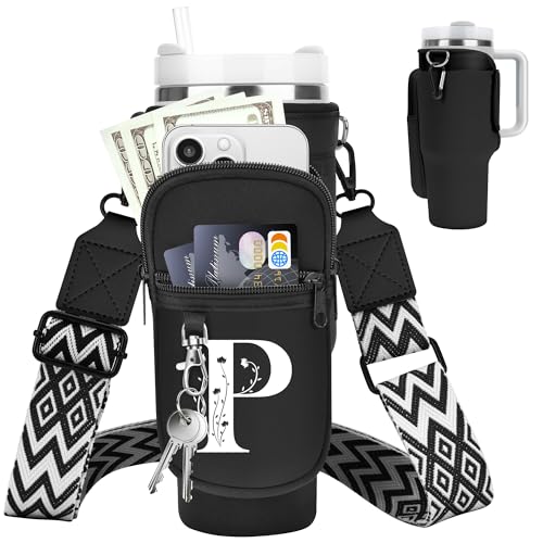 Initial Water Bottle Holder with Strap for Stanley Cup 40 oz Tumbler - color: Black, style: P