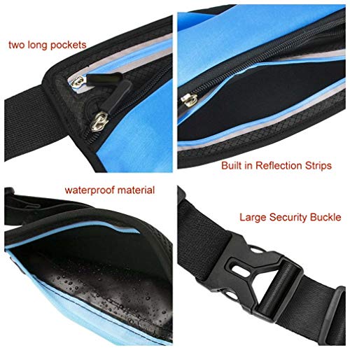 Running Belt Sport Waist Pack with Water Bottle Holder Hydration Belt Fanny Pack Reflective Stripes Cellphone Storage Earphone hole for Dog walker Hiking Travel (BLACK/BLUE) - color: BLACK/Light BLUE