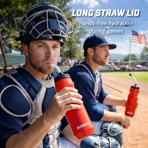 Lacrosse Water Bottle with Long Straw 2 Pack,32 OZ Hockey Water Bottle - color: Red