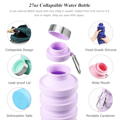 Nefeeko Collapsible Water Bottle, 27oz Reuseable BPA Free Silicone Foldable Water Bottles for Travel Gym Camping Hiking, Portable Leak Proof Sports Water Bottle with Carabiner - color: Blue-27oz