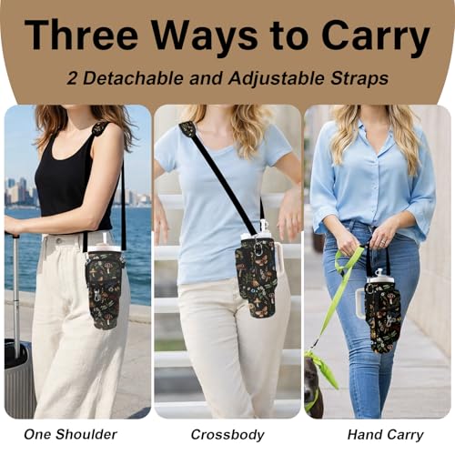 Water Bottle Carrier Bag for Stanley Cup 40/30oz, Neoprene Water Bottle Holder Pouch with 3 Pocket Adjustable Shoulder & Hand Strap - color: Retro Forest Mushroom