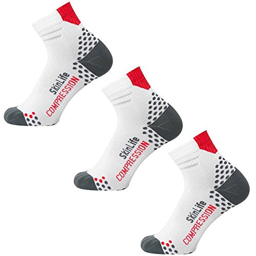 Compression Ankle Socks for Running - Moisture Wicking, Dot Padding - color: 3 Pairs - White/Red, size: Small
