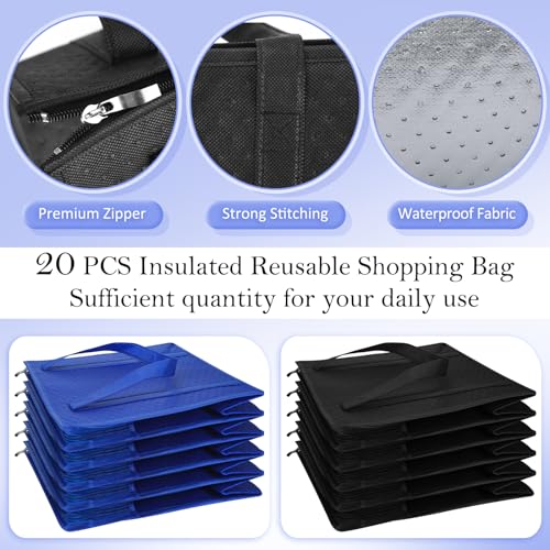 10 Pack Large 18L Insulated Grocery Bag Bulk Zippered, Blue, Black - color: Blue and Black