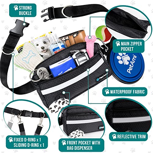 PetAmi Hands Free Dog Leash Waist Belt Bag Fanny Pack, Double, Black - color: Black, size: 2 Leashes