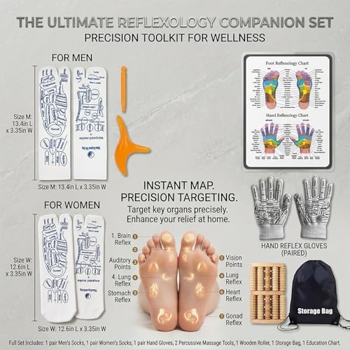 Wooden Foot Massager Roller with Reflexology Socks and Gloves Tools Set for Circulation, Pain Relief in Wide Feet, Health Promotion, Gift for Mom, Dad, or Elderly