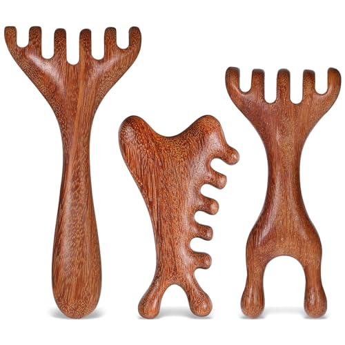 3 Pack Wooden Massager Comb Gua Sha Scraping Massages 6 Claws Meridian Massager Double Head Massage Rake Foot Massagers Tools with Long Handle for Head Neck Back Legs Feet