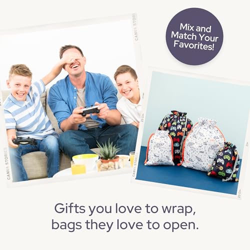 Gather & Knot Drawstring Gift Bags | 20" Large 12" Small | Premium Canvas | Reusable Fabric Wrap for Boys Birthdays, Baby Shower | Gamer - color: Gamer