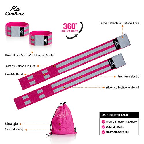 GoxRunx Reflective Bands Running Gear 6 Pack-Adjustable Reflective Armband Arm Wrist Ankle Leg Bands Reflectors -Reflective Tape Straps for Clothing Night Running Cycling Walking -Slap Bracelets - color: Pink