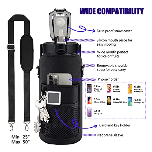 Half Gallon Water Bottle with Sleeve, 64OZ Motivational Water Bottle - color: Black