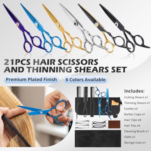 21Pcs 440C Hair Cutting Scissors Kit, Hair Scissors & Thinning Scissors Set - color: Blue