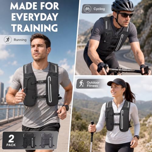 2 Pcs Running Vest for Women Men, Reflective Running Vest with Adjustable Waistband & Phone Pocket, Outdoor Pack Lightweight Breathable Backpack for Marathon Hiking - color: Black, Dark Gray