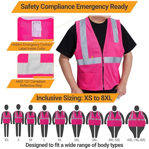 AYKRM 2 Pocket Mesh High Visibility Reflective Safety Vest for men & Women ANSI/ISEA 107 Standards - color: Pink, size: X-Large