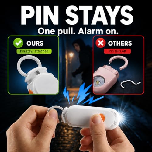 Personal Safety Alarm for Women, Rechargeable 135dB Siren with Flashing Light, Anti-Loss Locking Pin, Keychain SOS Alarm Works with Apple Find My, Kids, Seniors, Night Runners, iOS Only, White