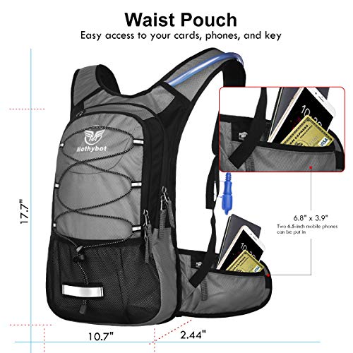 Mothybot Insulated Hydration Backpack Pack with 3L BPA Free Leak Proof Water Bladder, Large Storage Lightweight Hiking Daypack with Waist Pouches & Cooler Layer, for Running, Biking, Camping, Festival - color: Grey
