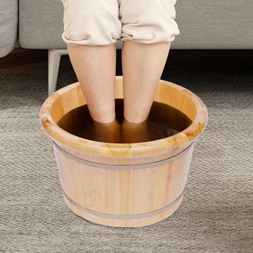 Wooden Foot Bath Bucket Foot Soaking Bath Basin with Lid Wood Footbath Barrel with Massage Roller Pedicure Barrel for Spa, Massage, Sauna 12.2 * 9.84in (Log Color) - color: Log Color