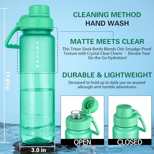 OLDLEY 32oz Water Bottle with Handle, BPA-Free Tritan Reusable Sports Water Bottle with Leak-Proof Dust Lid, Wide Mouth, Cup Holder Friendly, Half Frosted Clear Bottle for Gym,Travel,Work,Mint Green - color: Mint Green