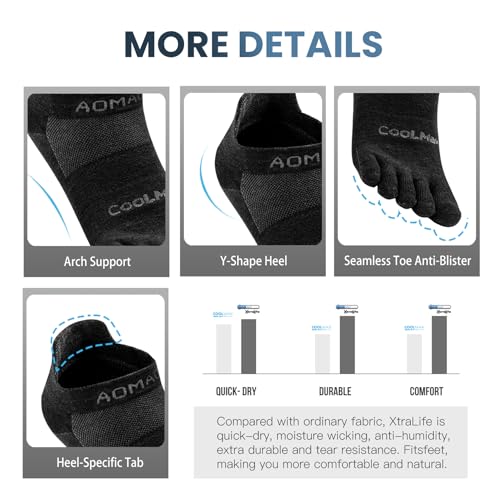 Toe Socks for Men and Women Athletic Running Coolmax Five Finger Ankle/Quarter Socks Breathable Lightweight, 3 Pairs - color: E4110# Black, size: Large