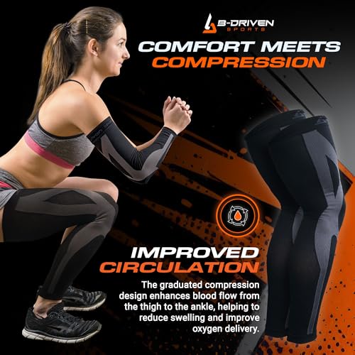 B-Driven Sports Full Leg Compression Sleeves, Graduated Compression 20-30mmHg, Thigh to Ankle, Medical Grade, Calf, Knee, Varicose Veins, Running, Sports, Men & Women - 1 Pair - size: Small