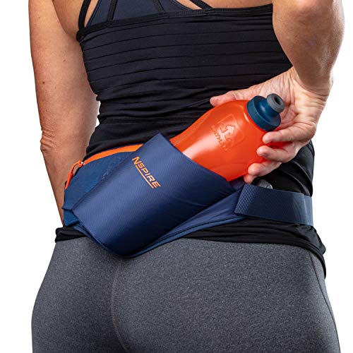 Nspire Hydration Waist Pack Bottle with 18oz Flask and Storage Area – Running, Hiking, Walking, Camping, Cycling, True Navy/Tigerlily