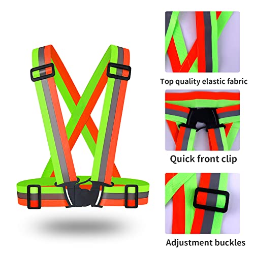 2 pcs Reflective Vest, Adjustable High Visibility Reflective Safety Straps Gear for Run, Cycling,Pet Walking - color: Green & Orange