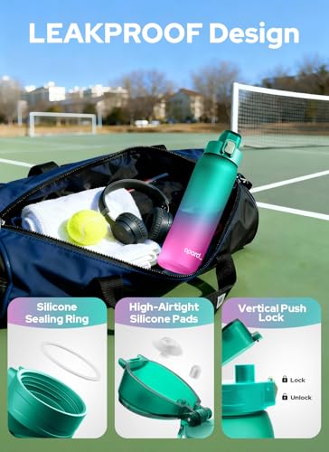 Opard Zip 32oz Plastic Water Bottle Dishwasher Safe, Leakproof Flip-Top Lid, BPA Free Tritan, Wide Mouth Reusable Sports Water Bottle for Gym Hiking Commuting Outdoor Travel and School - color: Bubblegum Cyan Pink, style: 32 Ounces