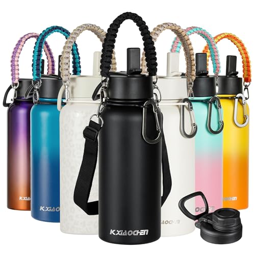 KXIAOCHEN Insulated Water Bottle with Strap, 48-Hour Cold, 2 Lids - color: Black, size: 32 Ounces