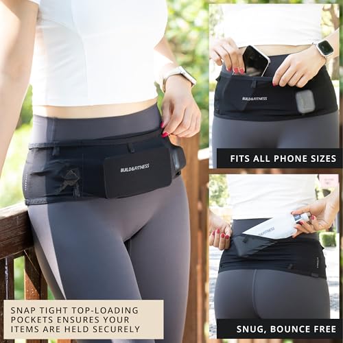 Build & Fitness LiteBelt Running Belt – 4 Quick Top-Access Pockets –Flip Waist Pack, Running Phone Holder – Fits All Size Phones, Keys, Cards, Earpods, GUs – for Men and Women (Black, S) - size: Small