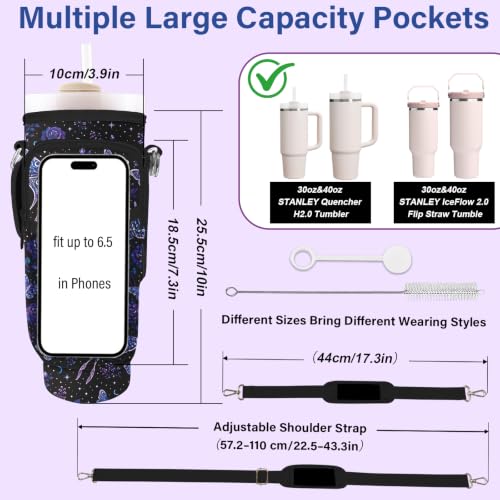 Water Bottle Carrier Bag for Stanley Cup 40/30oz, Neoprene Water Bottle Holder Pouch with 3 Pocket Adjustable Shoulder & Hand Strap - color: Purple Butterfly