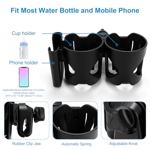 Accmor Stroller Cup Holder, Universal Cup Holder for Walker Wheelchair Bike Scooter, 360° Rotatable Stroller Cup Holder Attachment Walker Wheelchair Accessory - color: Double Cup Phone Holder-Black