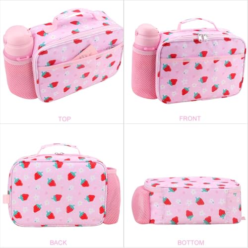 RHCPFOVR Kids Lunch Box for Girls Teens Insulated Lunch Bag Reusable Lunch Tote Kit for School Travel - color: Pink Strawberry