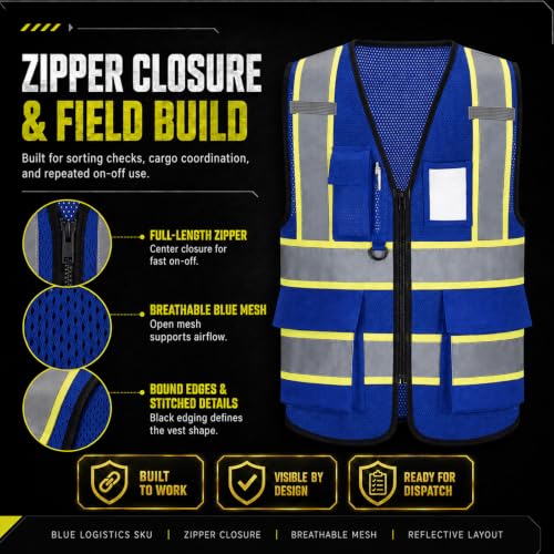 A-SAFETY Mesh High Vis Vest, Reflective Construction Vest with Pockets - color: Blue, size: Medium