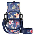 CaseBot Water Bottle Carrier Bag Sling Case, Sports Water Bottle Pouch Holder Sleeve with Adjustable Shoulder Hand Strap and 2 Pockets for Men Women Hiking Camping Travelling - color: Blooming Hibiscus