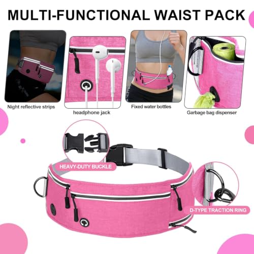 Hands Free Dog Leash with Partitioned Pouch Adjustable Waist Belt, Waist Leash for Dog Walking Running, Dual Handles,for Medium/Large Dogs - color: Pink
